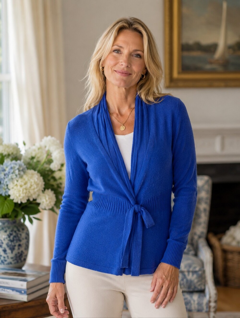 J.McLaughlin Reagan Blue Cashmere Wrap Cardigan Pleat Preppy Quiet Luxury Small